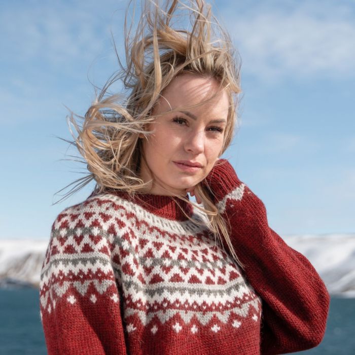 Masaccio Voorzien rit Skjaldbreiður Icelandic pattern wool sweater | Icewear