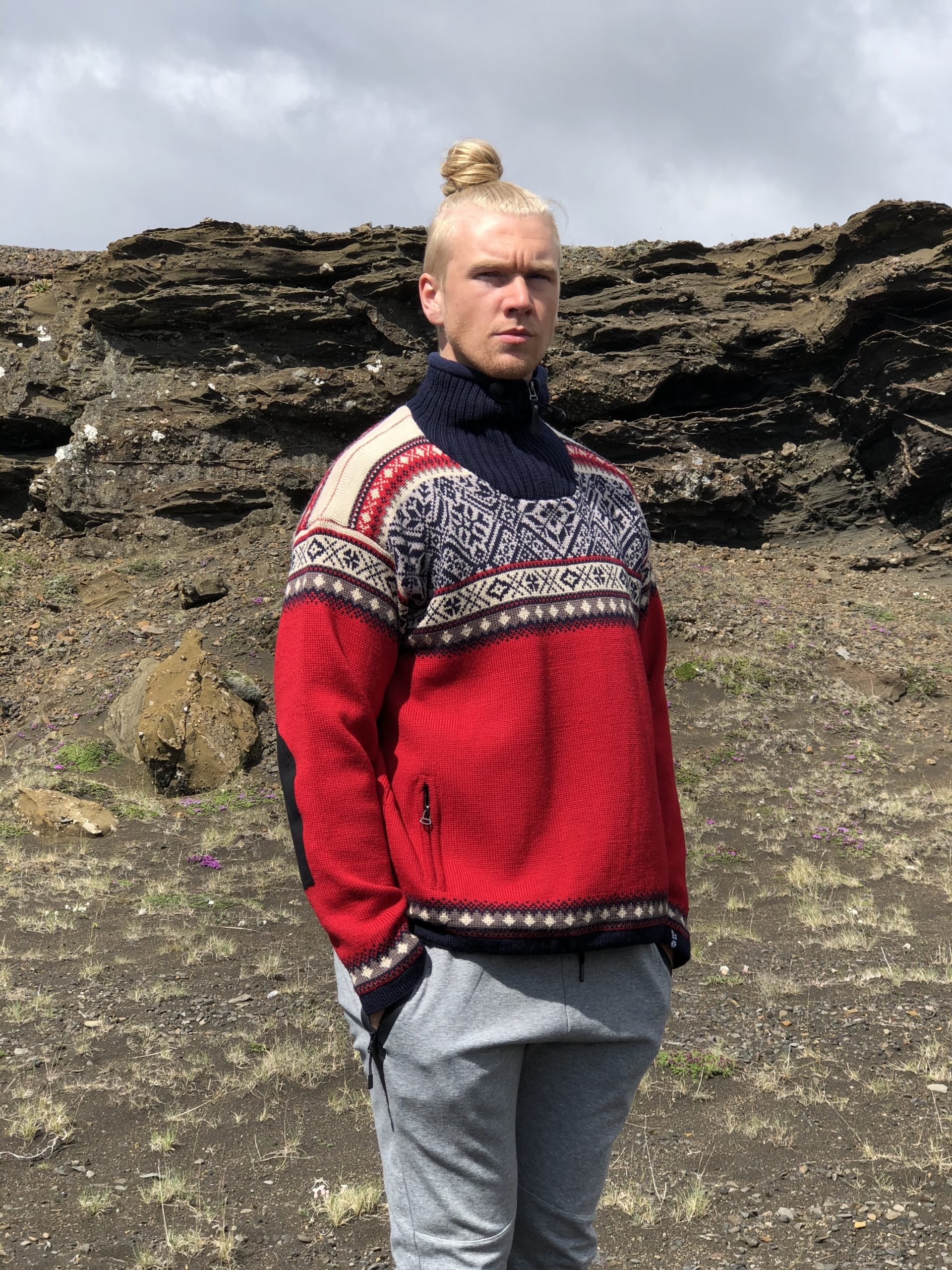 man in red Nordic wool sweater
